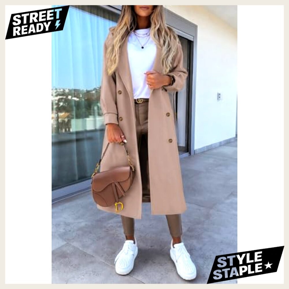 Long Wool Blend Pea Coat Double Breasted Notched Lapel Winter Overcoat - Picture 2 of 7